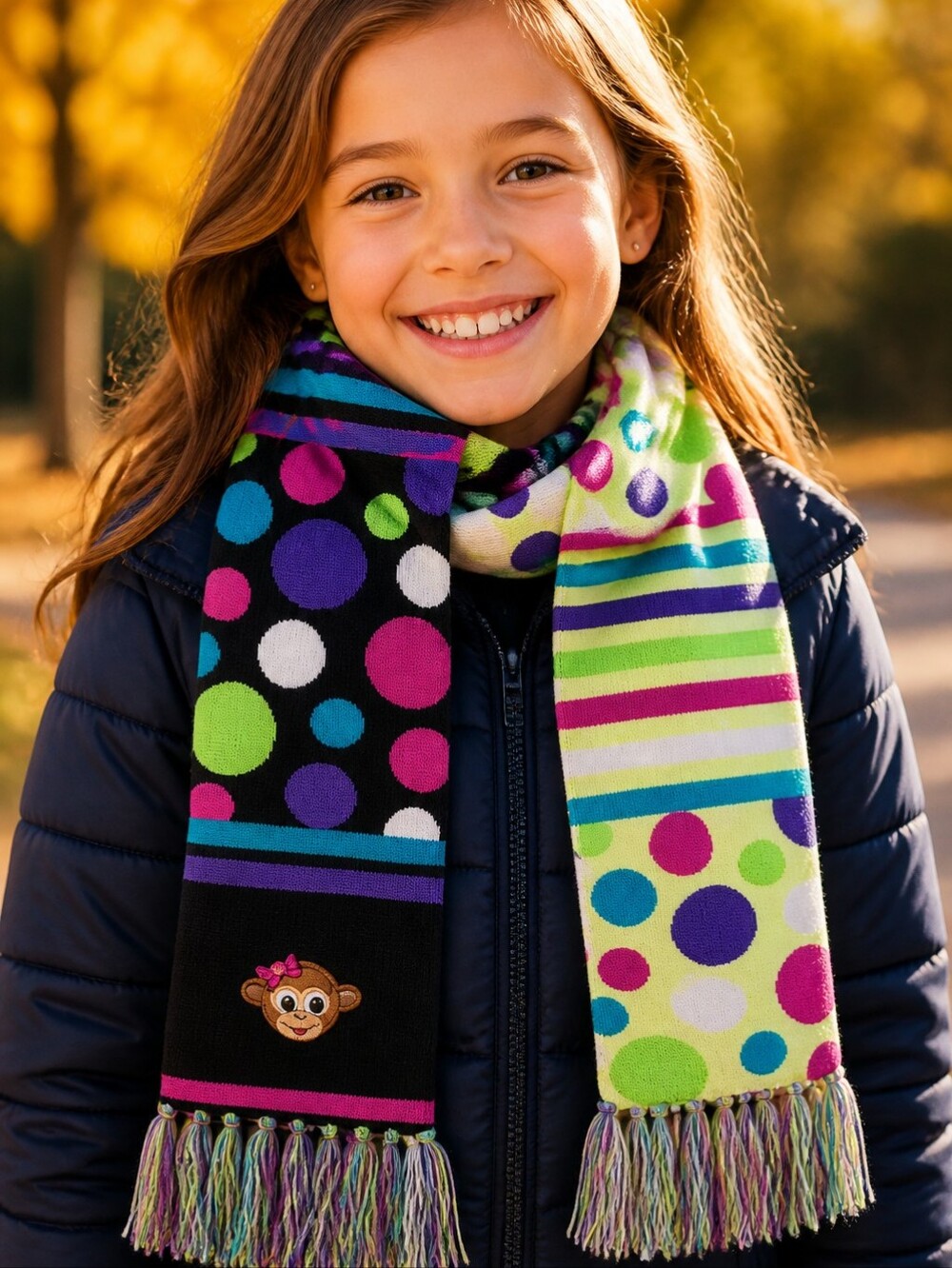 Justice Colorful Reversible Knit Fringe Trim Monkey Embroidered Long Scarf Dots